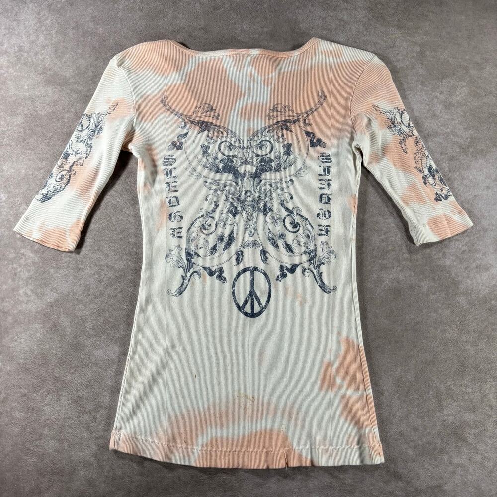 Vintage Women's 90s Sledge USA Tie Dye Peace Sign Rhinestone Ribbed Top Small - Picture 2 of 7